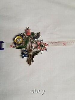 Rare Vintage Crown Trifari Alfred PHILIPPE Enamel Flower BOUQUET Fur Clip 2.5