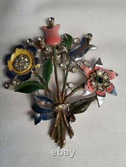 Rare Vintage Crown Trifari Alfred PHILIPPE Enamel Flower BOUQUET Fur Clip 2.5