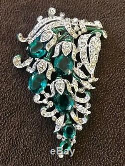 Rare! Vintage Deco Crown Trifari Alfred Philippe Emerald & Paste Fur Clip Brooch