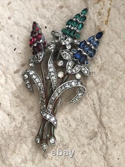 Rare Vintage TRIFARI ALFRED PHILIPPE Red Green Blue Pave Flower Fur Clip Pin