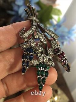 Rare Vintage TRIFARI ALFRED PHILIPPE Red Green Blue Pave Flower Fur Clip Pin