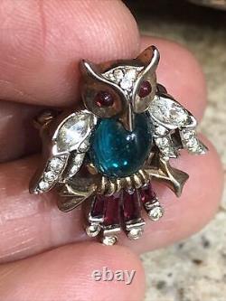 Rare Vintage TRIFARI ALFRED PHILIPPE Red Green White Rhinestone OWL Pin SMALL
