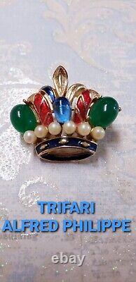 Rare Vtg Signed Trifari Alfred Philippe Cab Faux Pearl Enamel Crown Pin Brooch