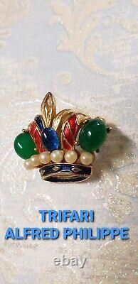 Rare Vtg Signed Trifari Alfred Philippe Cab Faux Pearl Enamel Crown Pin Brooch