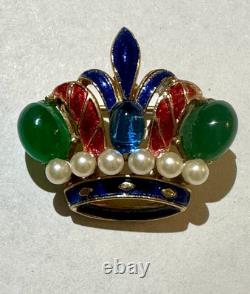 Rare Vtg Signed Trifari Alfred Philippe Cab Faux Pearl Enamel Crown Pin Brooch