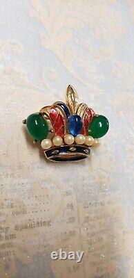 Rare Vtg Signed Trifari Alfred Philippe Cab Faux Pearl Enamel Crown Pin Brooch