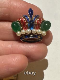 Rare Vtg Signed Trifari Alfred Philippe Cab Faux Pearl Enamel Crown Pin Brooch