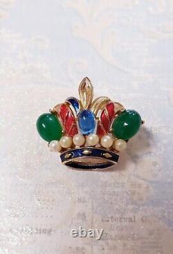Rare Vtg Signed Trifari Alfred Philippe Cab Faux Pearl Enamel Crown Pin Brooch