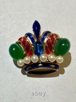 Rare Vtg Signed Trifari Alfred Philippe Cab Faux Pearl Enamel Crown Pin Brooch