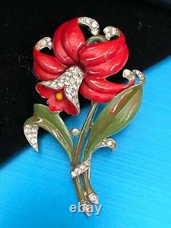Raretrifari Alfred Philippe Red Enamel Pave' Crystals Daffodil Flower Brooch
