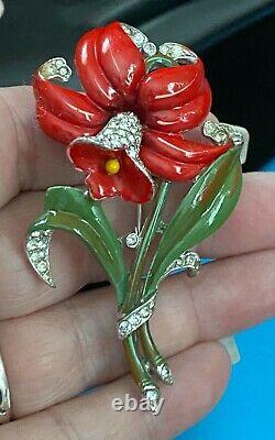 Raretrifari Alfred Philippe Red Enamel Pave' Crystals Daffodil Flower Brooch