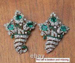 Set of 2 Crown Trifari Alfred Philipp Emerald Green Fur Clip Pins One Broken