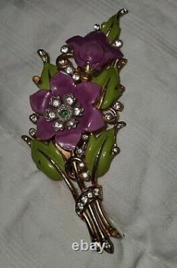 Signed Crown Trifari Alfred Philippe Enamel Purple Flower Fur Scarf Clip Brooch