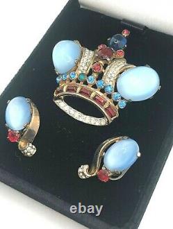 Signed Crown Trifari Alfred Philippe Sterling Rhinestone Crown Pin Earring Set