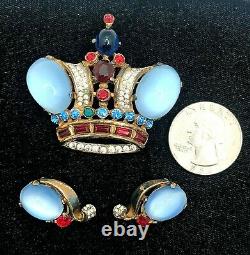 Signed Crown Trifari Alfred Philippe Sterling Rhinestone Crown Pin Earring Set