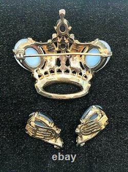 Signed Crown Trifari Alfred Philippe Sterling Rhinestone Crown Pin Earring Set