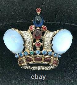 Signed Crown Trifari Alfred Philippe Sterling Rhinestone Crown Pin Earring Set