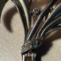Signed Crown Trifari Old Alfred Philippe Metal Rhinestone Flower Fur Brooch Pin