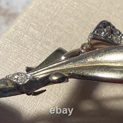 Signed Crown Trifari Old Alfred Philippe Metal Rhinestone Flower Fur Brooch Pin