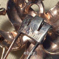 Signed Crown Trifari Old Alfred Philippe Metal Rhinestone Flower Fur Brooch Pin