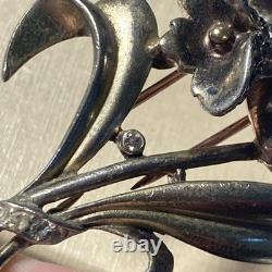 Signed Crown Trifari Old Alfred Philippe Metal Rhinestone Flower Fur Brooch Pin