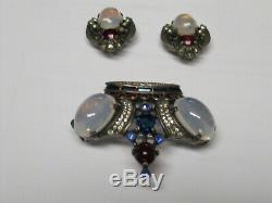 Signed TRIFARI Sterling CROWN BROOCH & EAR RINGS Jelly Belly ALFRED PHILIPPE