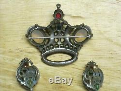 Signed TRIFARI Sterling CROWN BROOCH & EAR RINGS Jelly Belly ALFRED PHILIPPE