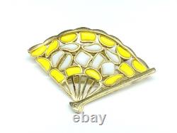 Signed Trifari Alfred Philippe Modern Mosaics Yellow & White Pored Glass Fan Pin