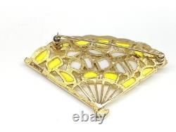Signed Trifari Alfred Philippe Modern Mosaics Yellow & White Pored Glass Fan Pin