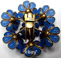TRIFARI 1940 Alfred Philippe Blue Molded Glass Flower Fur Clip RARE