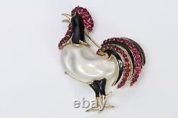 TRIFARI 1940's Alfred Philippe Red Crystal Black Enamel Pearl Rooster Brooch