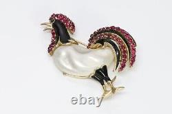 TRIFARI 1940's Alfred Philippe Red Crystal Black Enamel Pearl Rooster Brooch