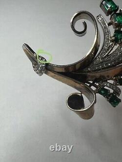 TRIFARI 1940's Alfred Philippe Sterling Green Crystal Flower bouquet Brooch
