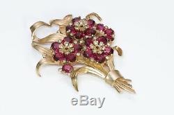 TRIFARI 1940s Alfred Philippe Gold Plated Red Crystal Flower Pin Brooch