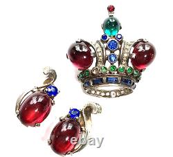 TRIFARI 1940s Sterling Alfred Philippe Royal Crown Brooch & Earring Set #137542