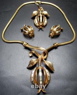TRIFARI 1950 Forbidden Fruit Baguette Rhinestone Necklace Brooch Earring Set