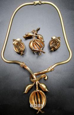 TRIFARI 1950 Forbidden Fruit Baguette Rhinestone Necklace Brooch Earring Set