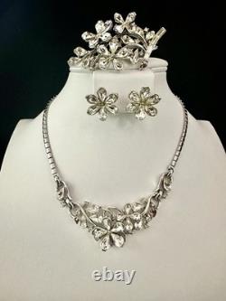 TRIFARI 4-5-6 Petal Flower Parure Alfred Philippe Rhodium Crystal PAT PEND Box