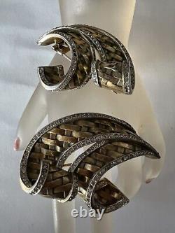 TRIFARI ALFRED PHILIPPE 1941 Book Piece Weave Rhinestone Fur Brooch Set Of 2