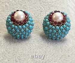 TRIFARI ALFRED PHILIPPE Cluster Faux Turquoise Siam Red RNSTN Clip EARRINGS RARE
