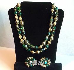 TRIFARI ALFRED PHILIPPE Emerald Green Crystals Baroque Pearl Necklace&Earrings