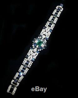 TRIFARI Alfred Philippe 1930's Art Deco Emerald Baguette Sapphire Pavé Bracelet