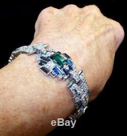 TRIFARI Alfred Philippe 1930's Art Deco Emerald Baguette Sapphire Pavé Bracelet