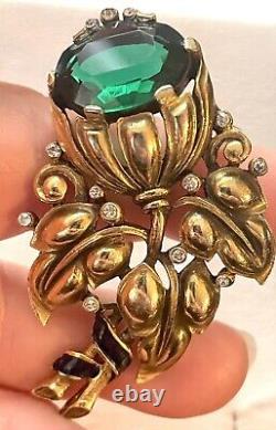 TRIFARI Alfred Philippe 1939 faux Emerald Flower Enamel signet clip Pin Brooch