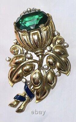 TRIFARI Alfred Philippe 1939 faux Emerald Flower Enamel signet clip Pin Brooch