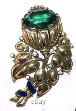 TRIFARI Alfred Philippe 1939 faux Emerald Flower Enamel signet clip Pin Brooch