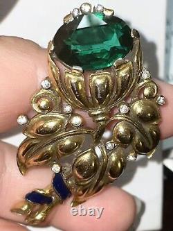 TRIFARI Alfred Philippe 1939 faux Emerald Flower Enamel signet clip Pin Brooch