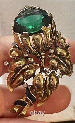 TRIFARI Alfred Philippe 1939 faux Emerald Flower Enamel signet clip Pin Brooch