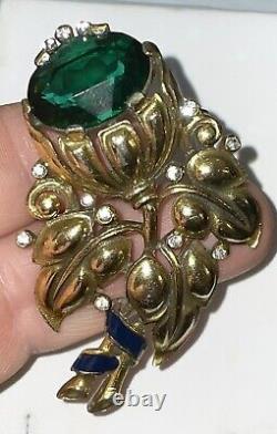 TRIFARI Alfred Philippe 1939 faux Emerald Flower Enamel signet clip Pin Brooch