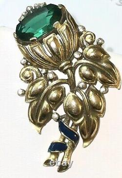 TRIFARI Alfred Philippe 1939 faux Emerald Flower Enamel signet clip Pin Brooch